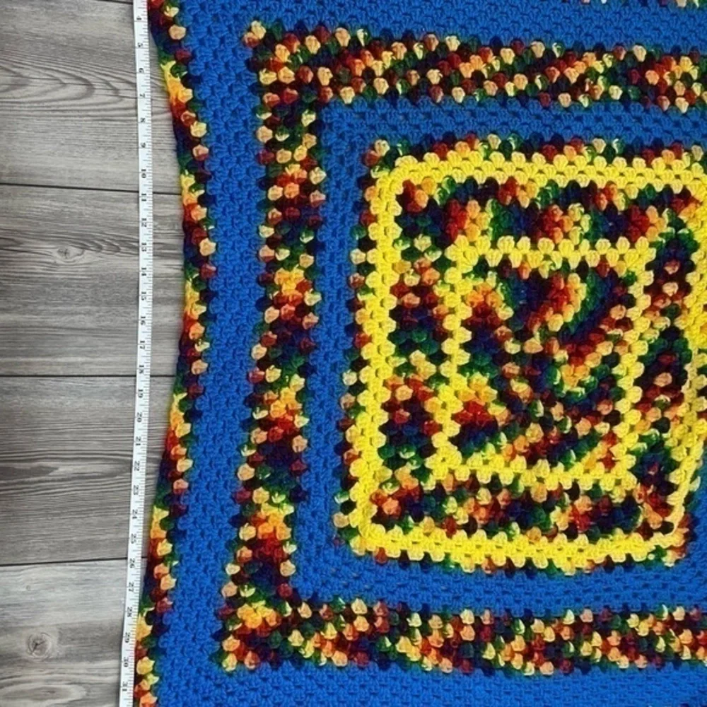 Handmade Granny Square Crocheted Blanket Baby Blanket Rainbow Pattern 35 x 37.5”